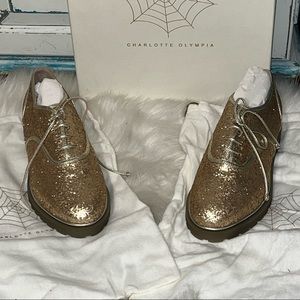 Nwt Charlotte Olympia Stephanie gold glitter lace up shoes
